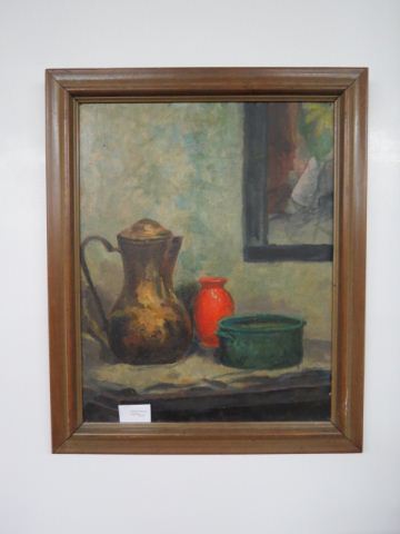 Appraisal: Beverly H Harris Oil Still Lifewith coffeepot vase bowl listed