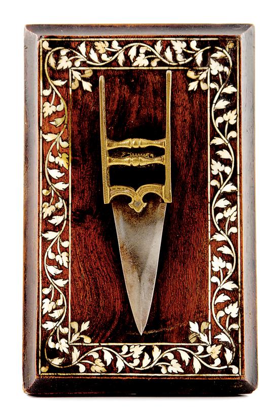 Appraisal: Mideastern blade mounted in bone-inlaid panel overall L W