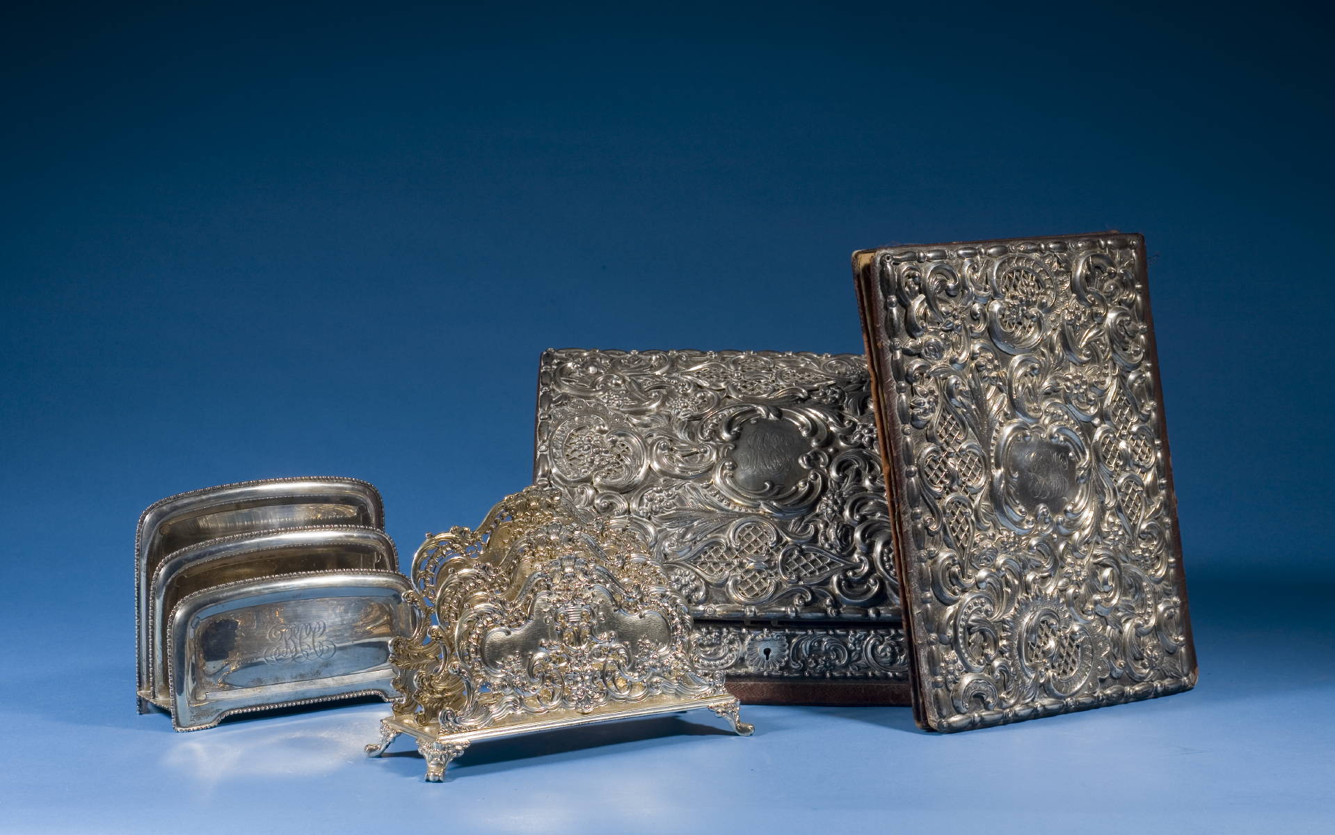 Appraisal: SILVER MOUNTED DESK BOX WITH MATCHING BLOTTER AND AN ELABORATE