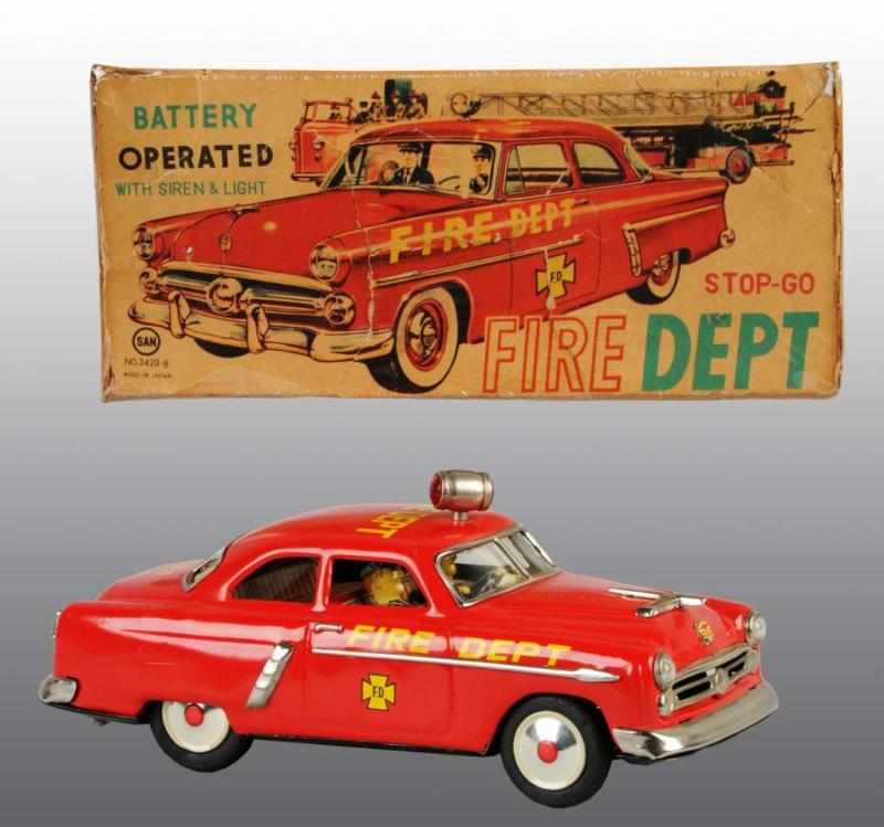 Appraisal: Tin Fire Dept Car Battery-Operated Toy Description Japanese Working Made