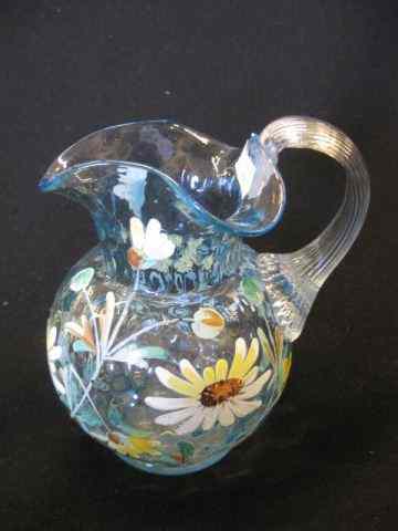 Appraisal: Victorian Enameled Blue Art Glass Pitcher fine floral clear ribbon