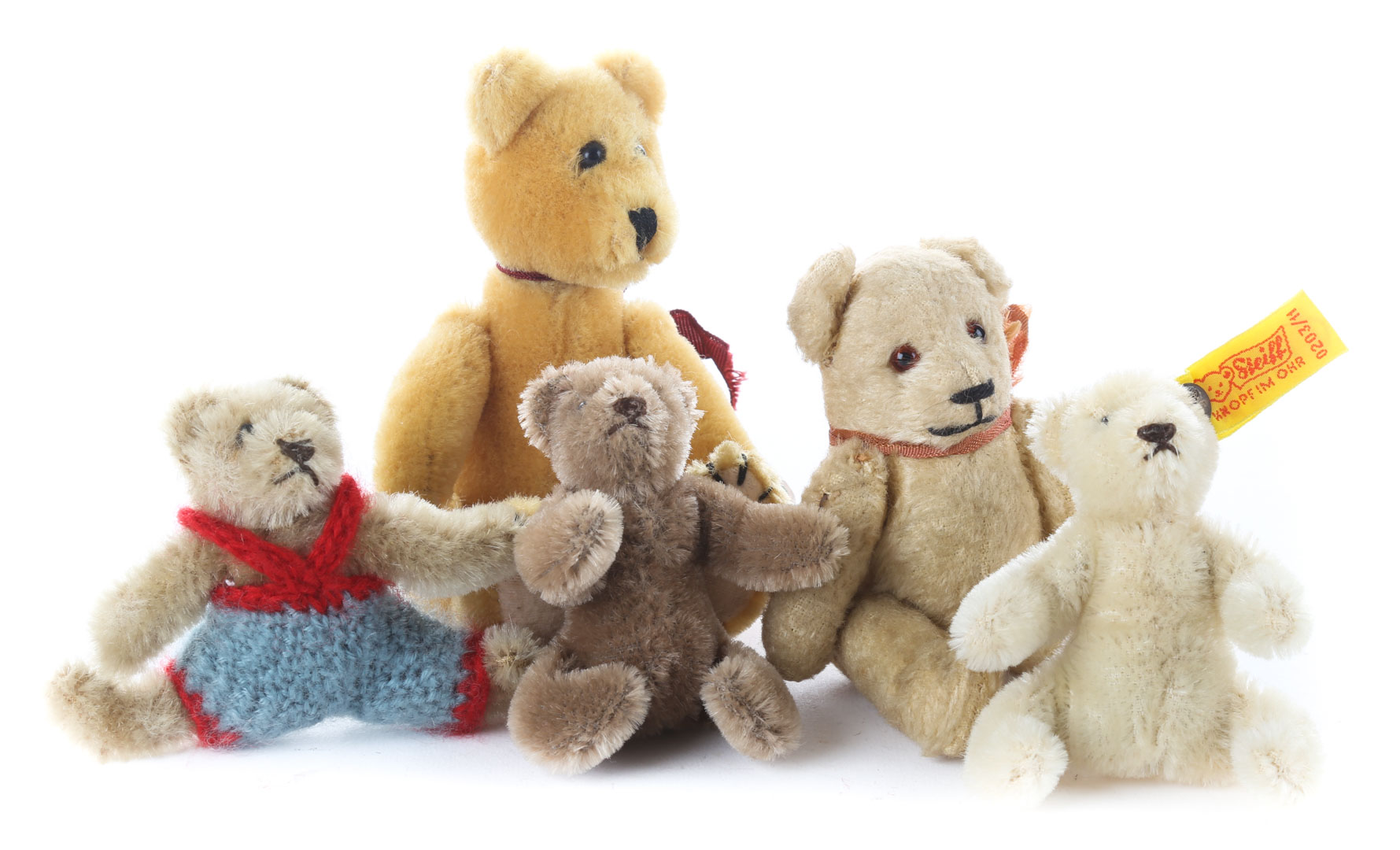 Appraisal: Five small jointed mohair teddy bears includes Steiff antique and