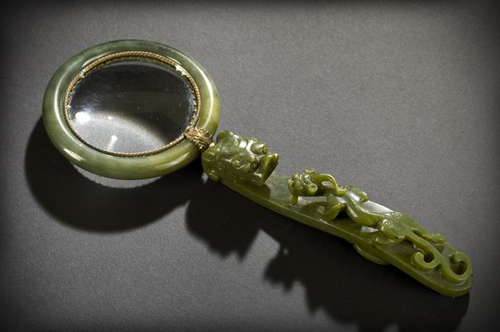 Appraisal: Chinese Spinach Jade Assembled Magnifying Glass ca composed of a