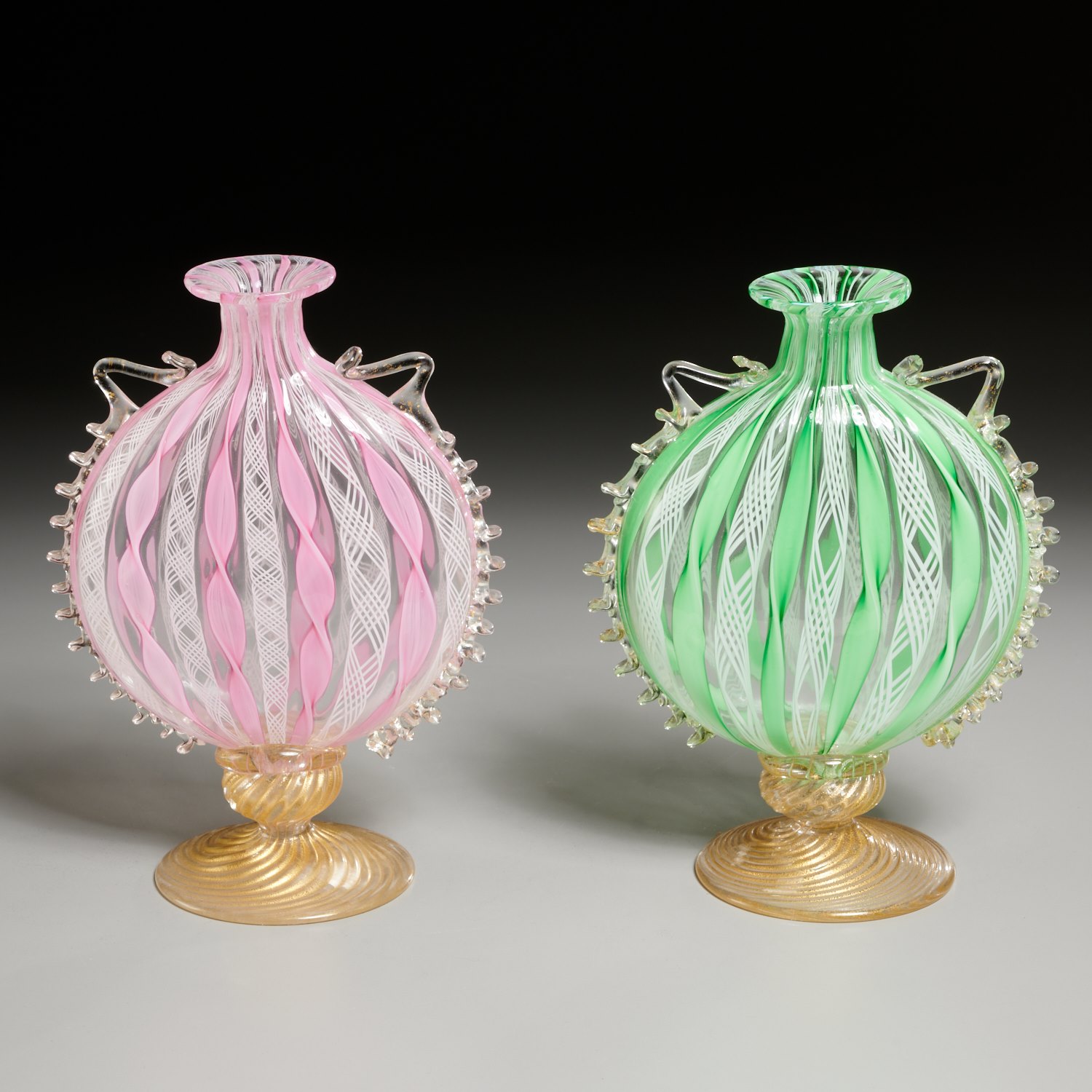 Appraisal: PAIR MURANO LATTICINO GLASS MOON FLASK VASES th c blown