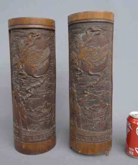 Appraisal: Pair Asian wooden carved brush pots