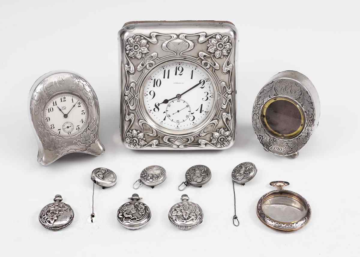 Appraisal: ART NOUVEAU STERLING CLOCKS WATCHES AND ACCESSORIES pieces total to