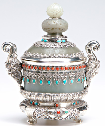 Appraisal: SILVER AND JADE Covered cup with case chased and applied