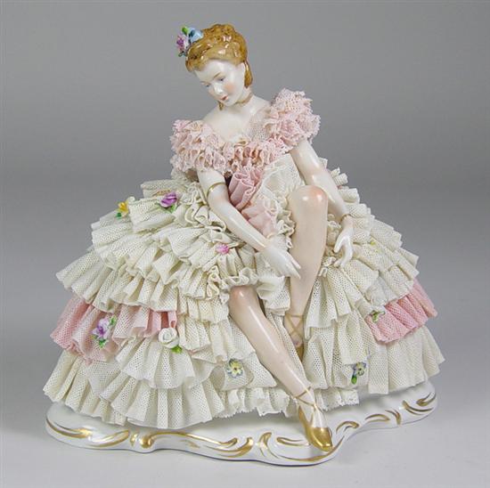 Appraisal: Dresden Ballerina's Delight Seated ballerina with heavy pink and white