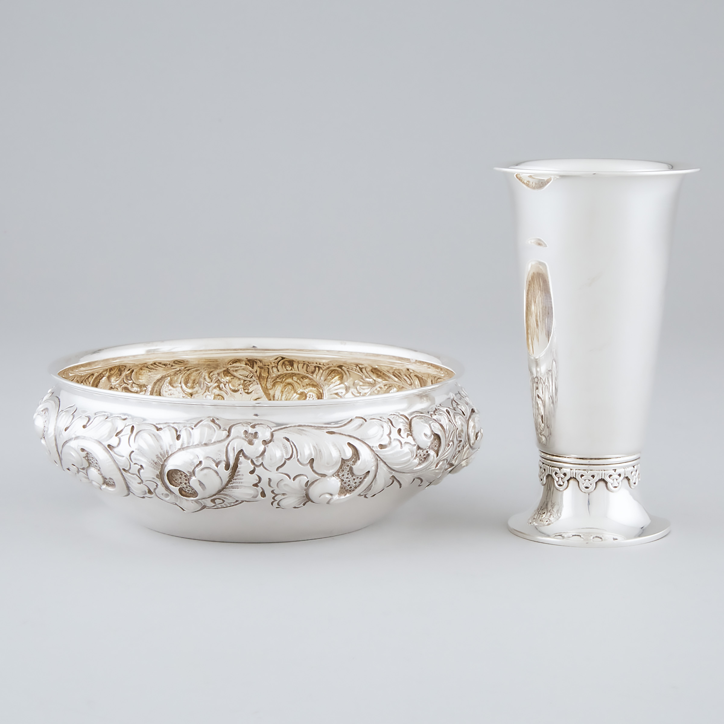 Appraisal: Norwegian Silver Repouss Bowl and a Beaker Vase N M