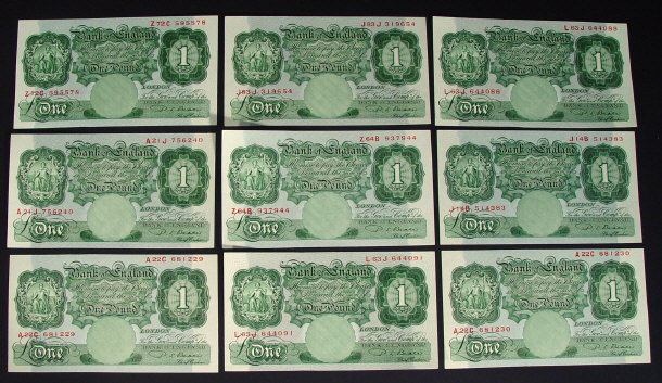 Appraisal: Nine Bank of England one pound notes each signed Beale