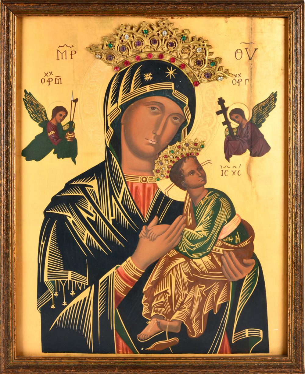 Appraisal: RELIGIOUS ICON VIRGIN CHILDgilt and polychromed panel with glass-inset gilt