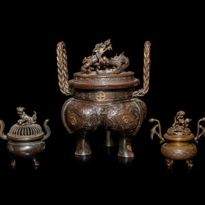 Appraisal: Three Japanese Bronze Tripod Incense Burners and Covers LATE TH-EARLY