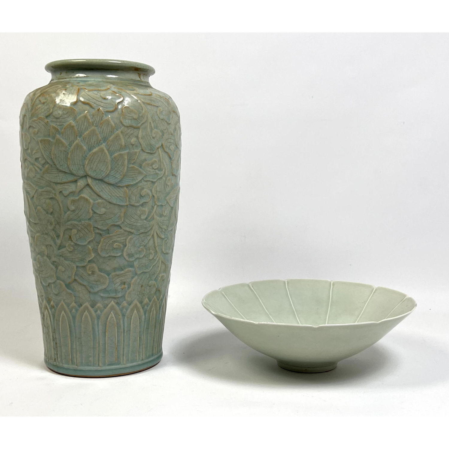 Appraisal: Pc Green Celadon Porcelain Vase and Bowl H x W