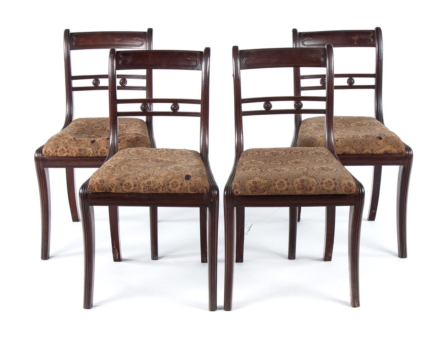 Appraisal: Five Regency mahogany Klismos side chairs circa each with horizontal