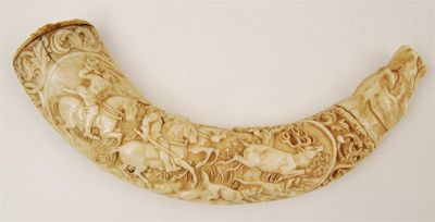 Appraisal: A th century French carved ivory power horn decorated a