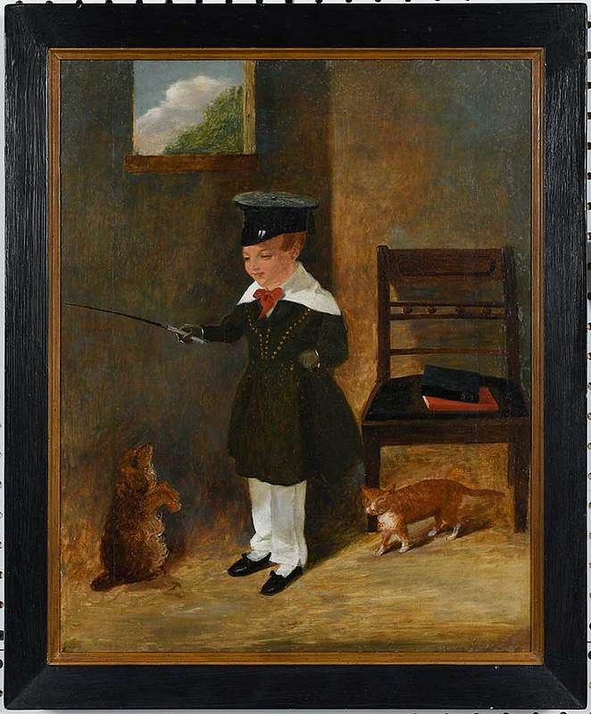 Appraisal: Primitive British School Painting th century Boy Teaching Tricks to