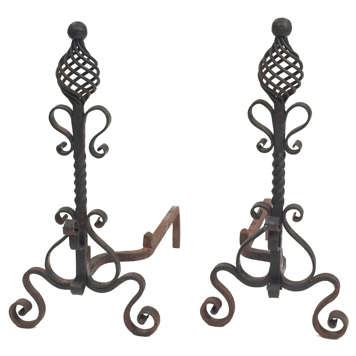 Appraisal: Arts and Crafts andirons pair in twistedand curled wrought iron