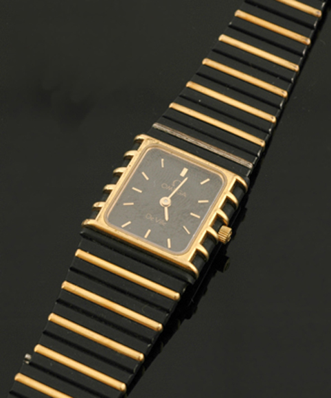 Appraisal: LADIES OMEGA DE VILLE WRISTWATCH TO GOLD AND BLACK CASE