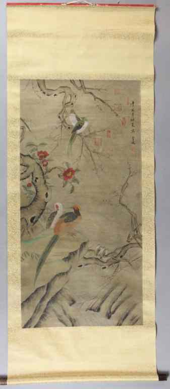 Appraisal: After Li Di Chinese Watercolor Scroll PaintingDepicting Pheasants magpies and