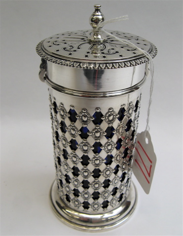 Appraisal: STERLING SILVER COBALT GLASS SUGAR SHAKER the lattice pierced canister