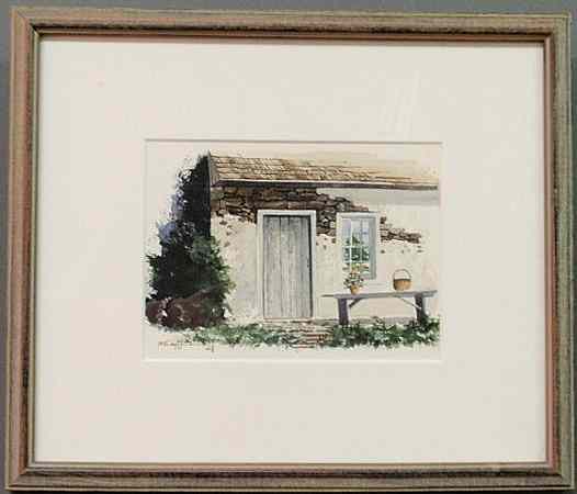 Appraisal: Framed and matted watercolor painting of a stone outbuilding signed