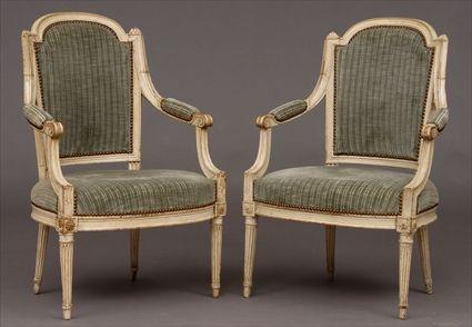 Appraisal: PAIR OF LOUIS XVI WHITE-PAINTED FAUTEUILS EN CABRIOLET Each padded