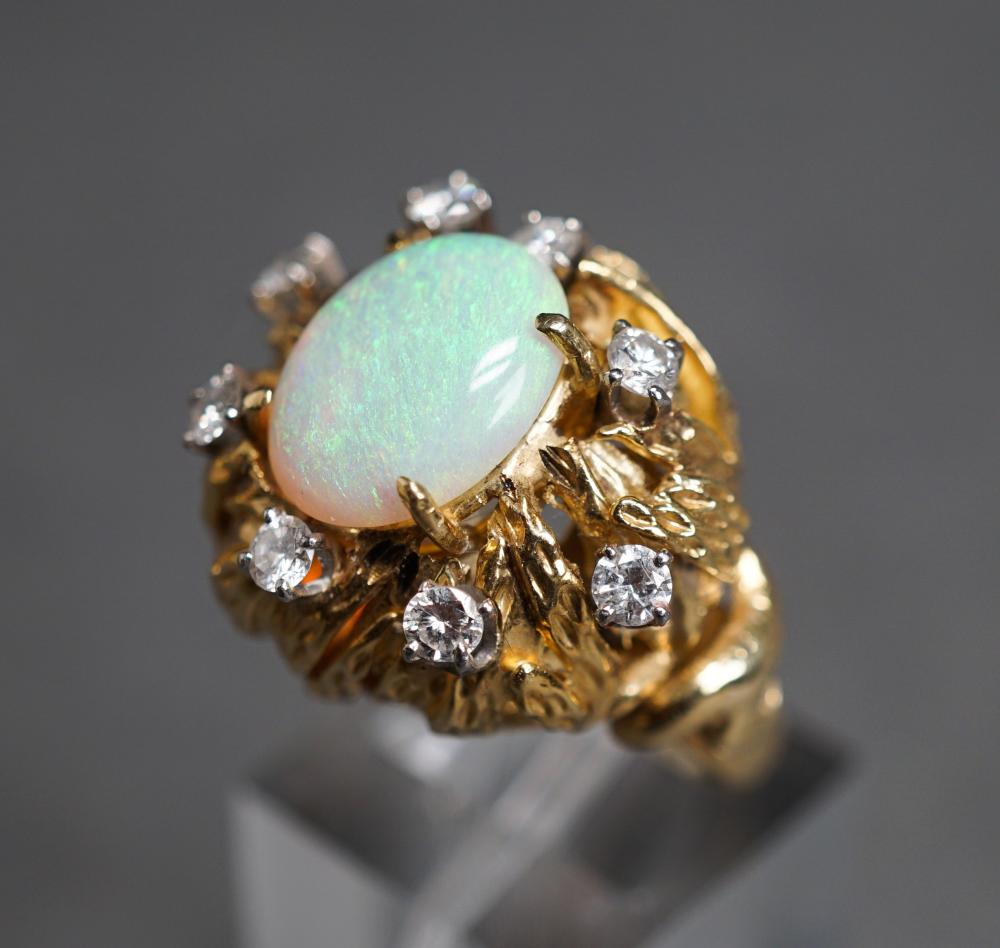 Appraisal: -Karat Yellow-Gold Opal and Diamond Ring Opal measuring approx x