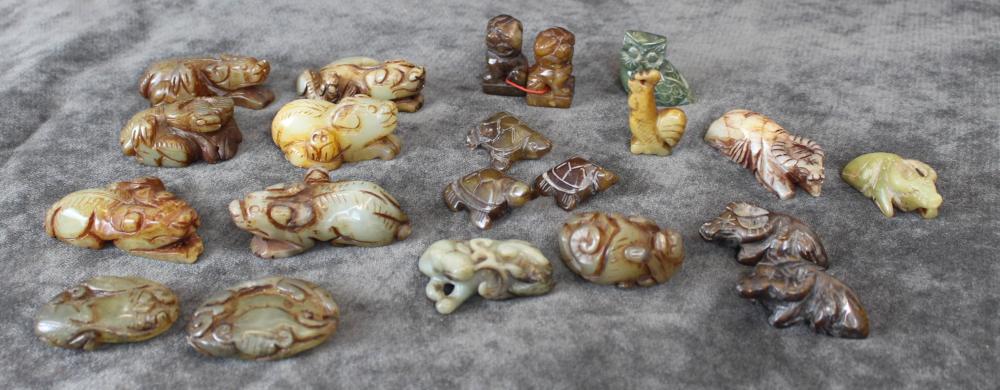 Appraisal: TWENTY CHINESE HARDSTONE ANIMAL CARVINGS including water buffalo turtles rooster