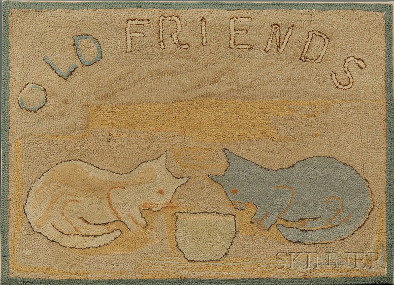 Appraisal: OLD FRIENDS Wool Hooked Rug with Two Cats America early