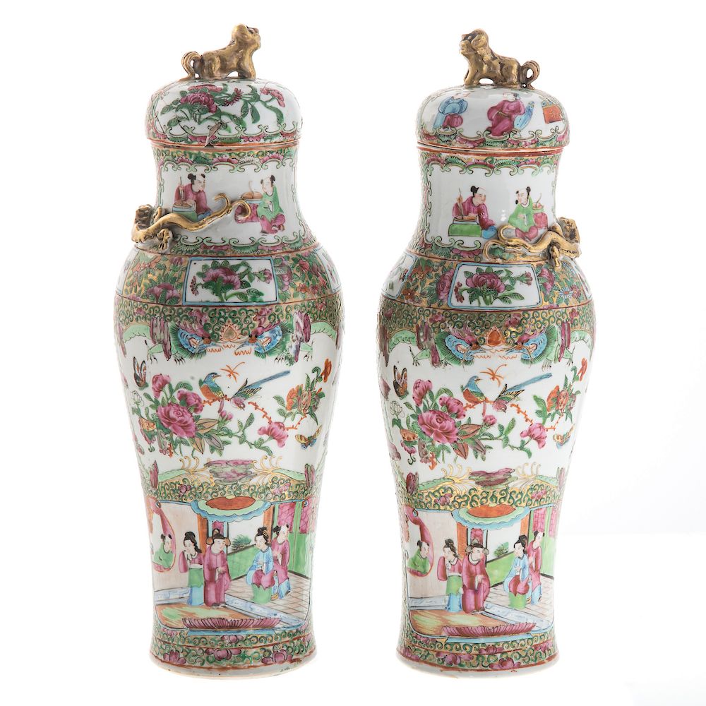 Appraisal: Pair of Chinese Export Rose Medallion Lidded Vases circa vivid