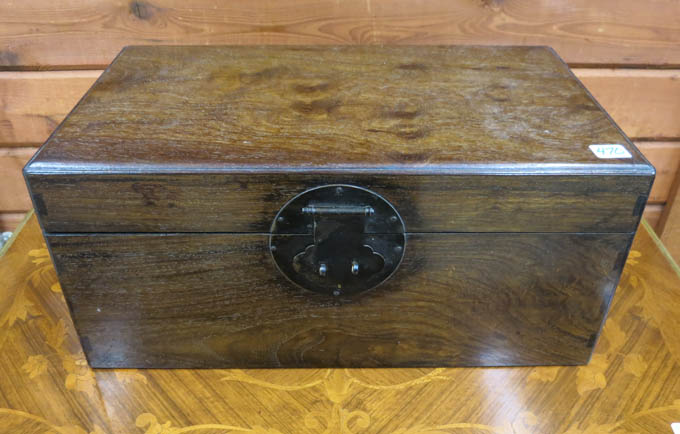 Appraisal: CHINESE ROSEWOOD HINGE-TOP BOX with flanking bale handles to sides