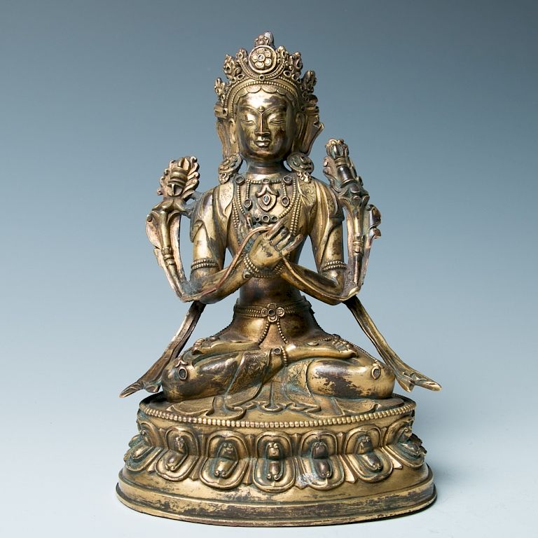 Appraisal: GILT BRONZE BODHISATTVA LATE QING Depicting a seated Vajra figure