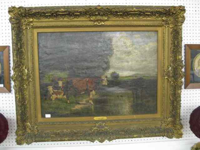 Appraisal: E Dieterie Oil Cows along the stream image area ''