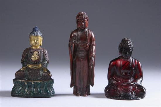 Appraisal: CHINESE GILT POLYCHROME AMBER AND WOOD FIGURES OF BUDDHA th