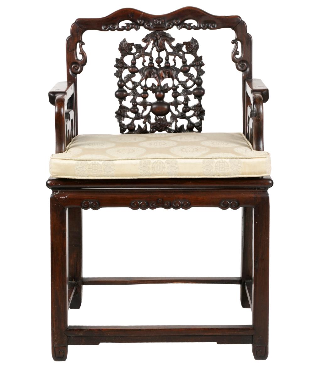 Appraisal: CHINESE CARVED HARDWOOD HONG MU CHAIRwith pierced backrest inches wide