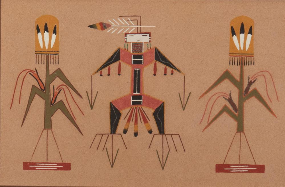 Appraisal: Navajo sand painting with figure and corn stalks Sand on