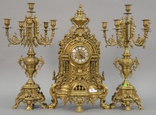 Appraisal: Three piece brass clock set ht in Three piece brass