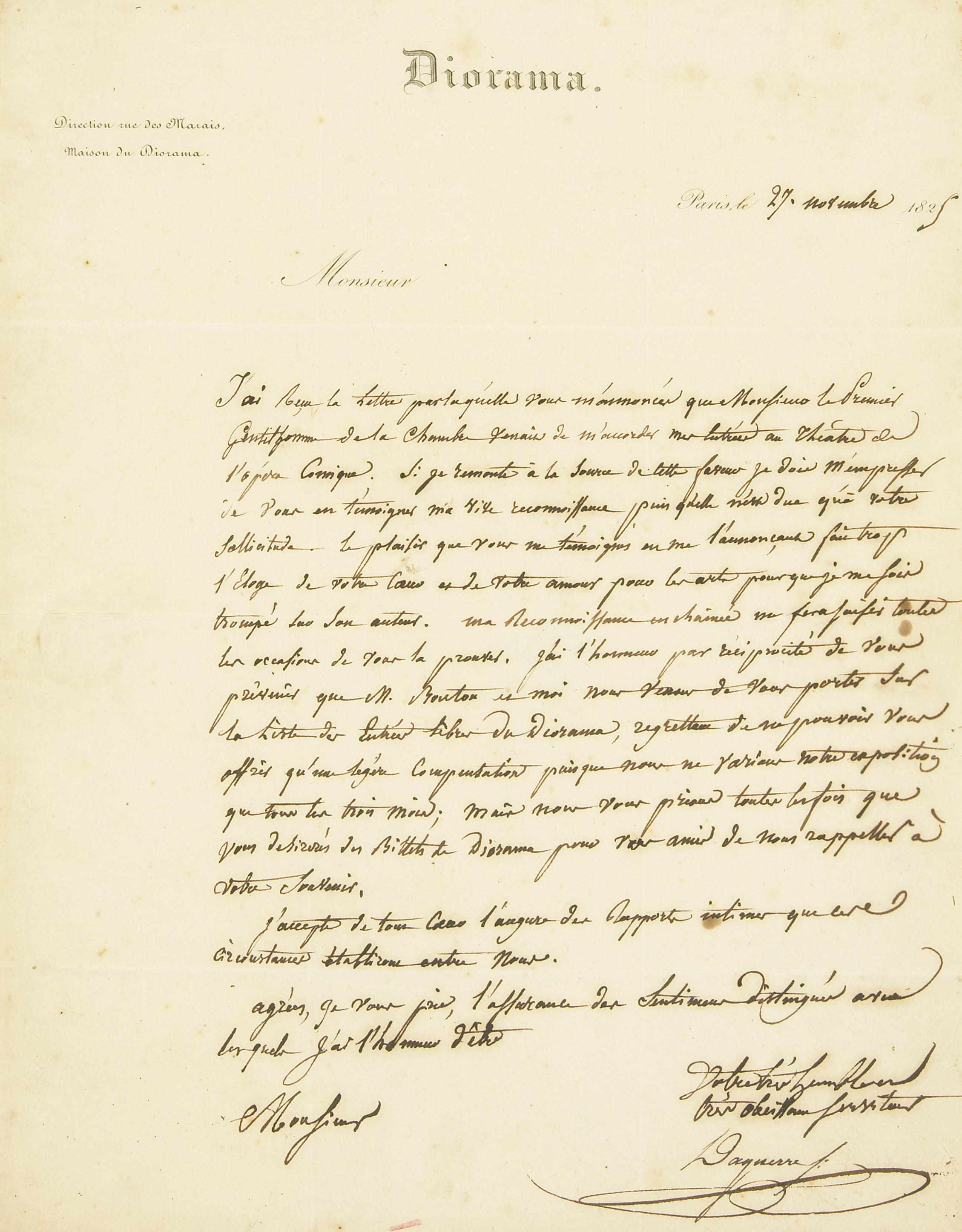 Appraisal: DAGUERRE LOUIS-JACQUES-MANDE - Autograph Letter Signed ''Daguerre J '' p