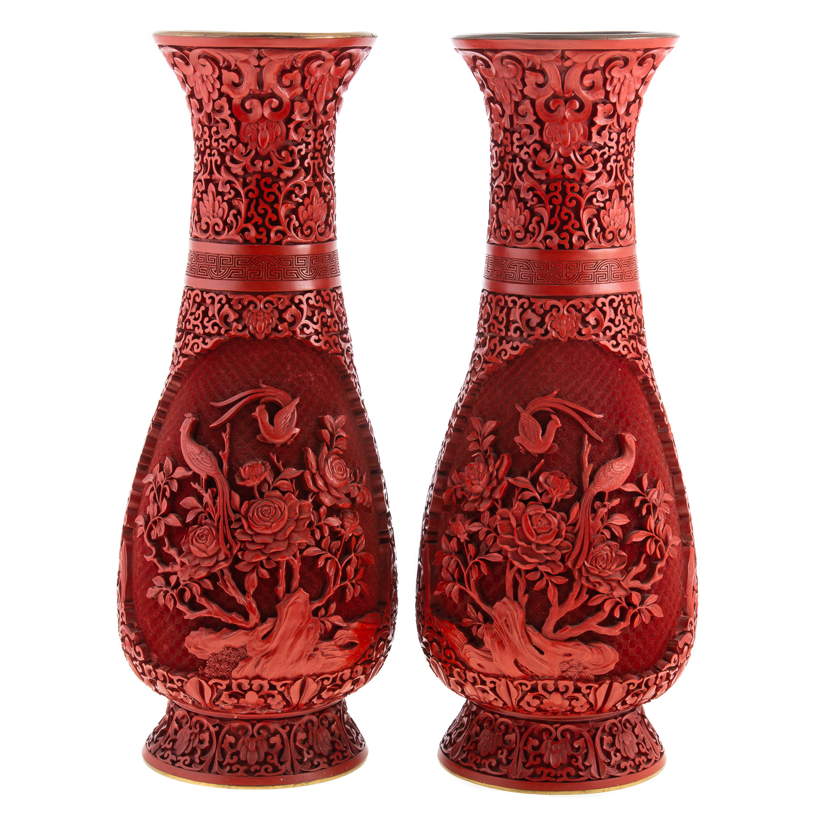 Appraisal: PAIR OF CHINESE EXPORT CINNABAR LACQUER VASES th century having