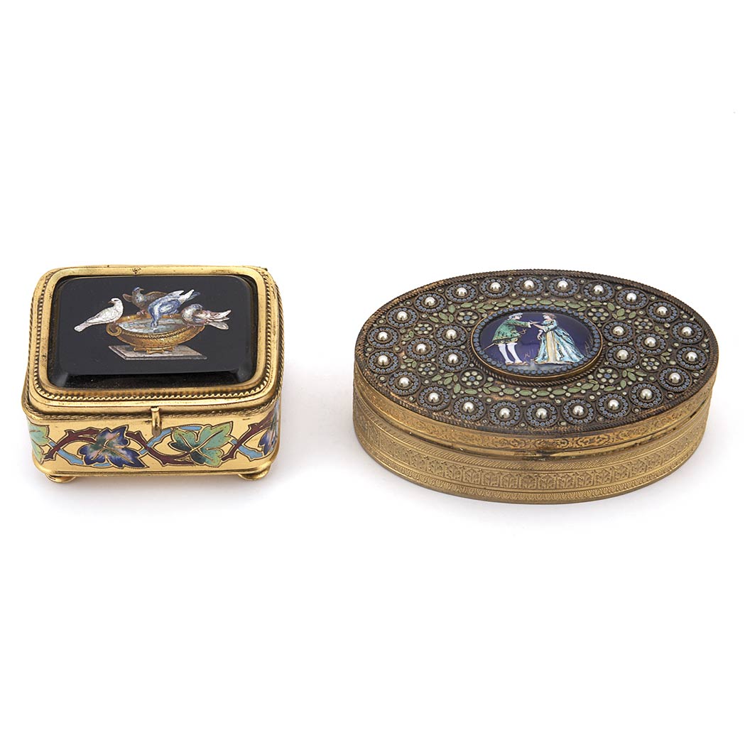 Appraisal: Two Gilt-Metal and Enamel Boxes Length of larger inches