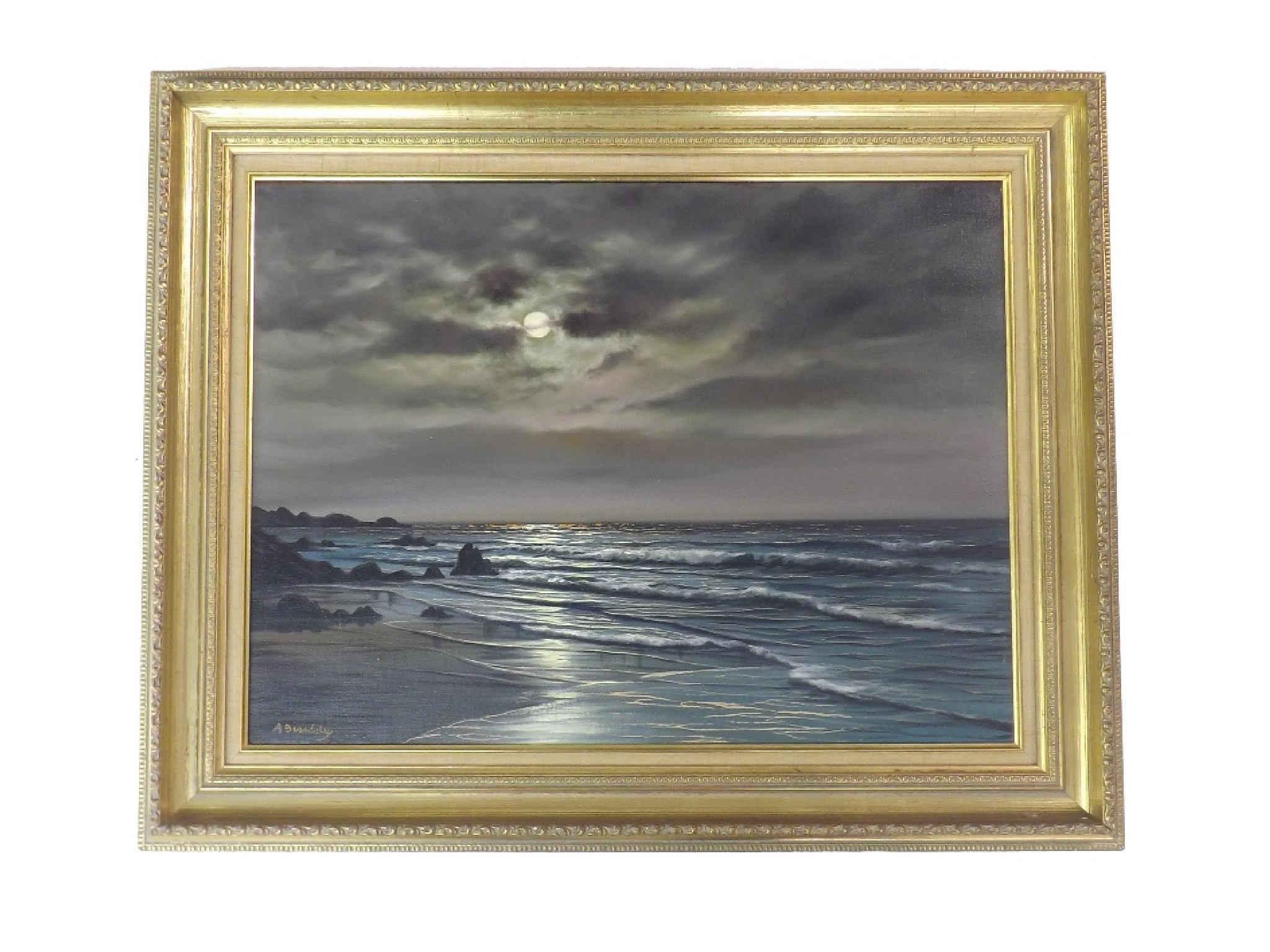 Appraisal: A Beardsley th century - Moonlit coastal scene signed oil