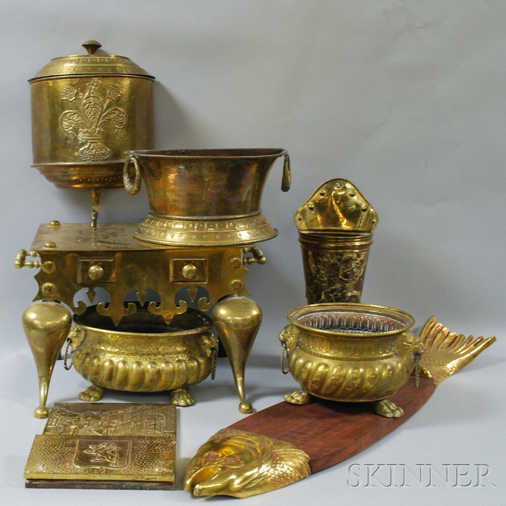 Appraisal: Group of Brass Domestic Items two lobed planters with lion-mask