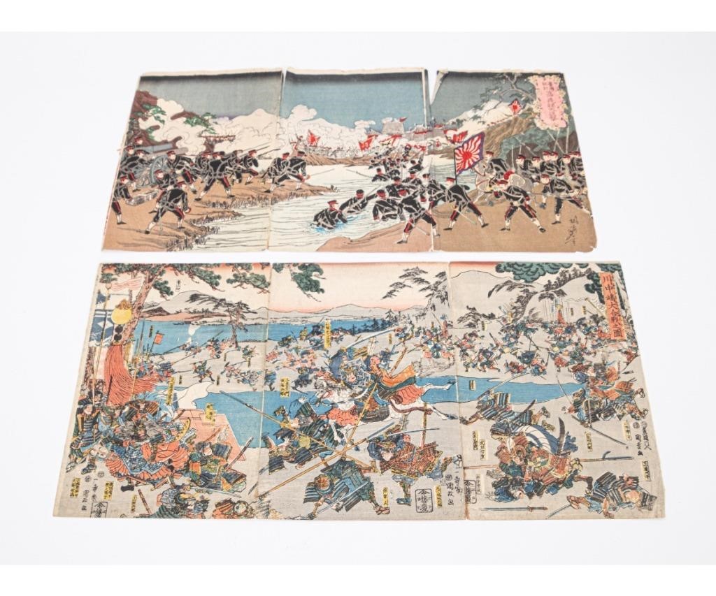 Appraisal: Two Japanese Triptic woodblock colorful prints of Samurai warriors and