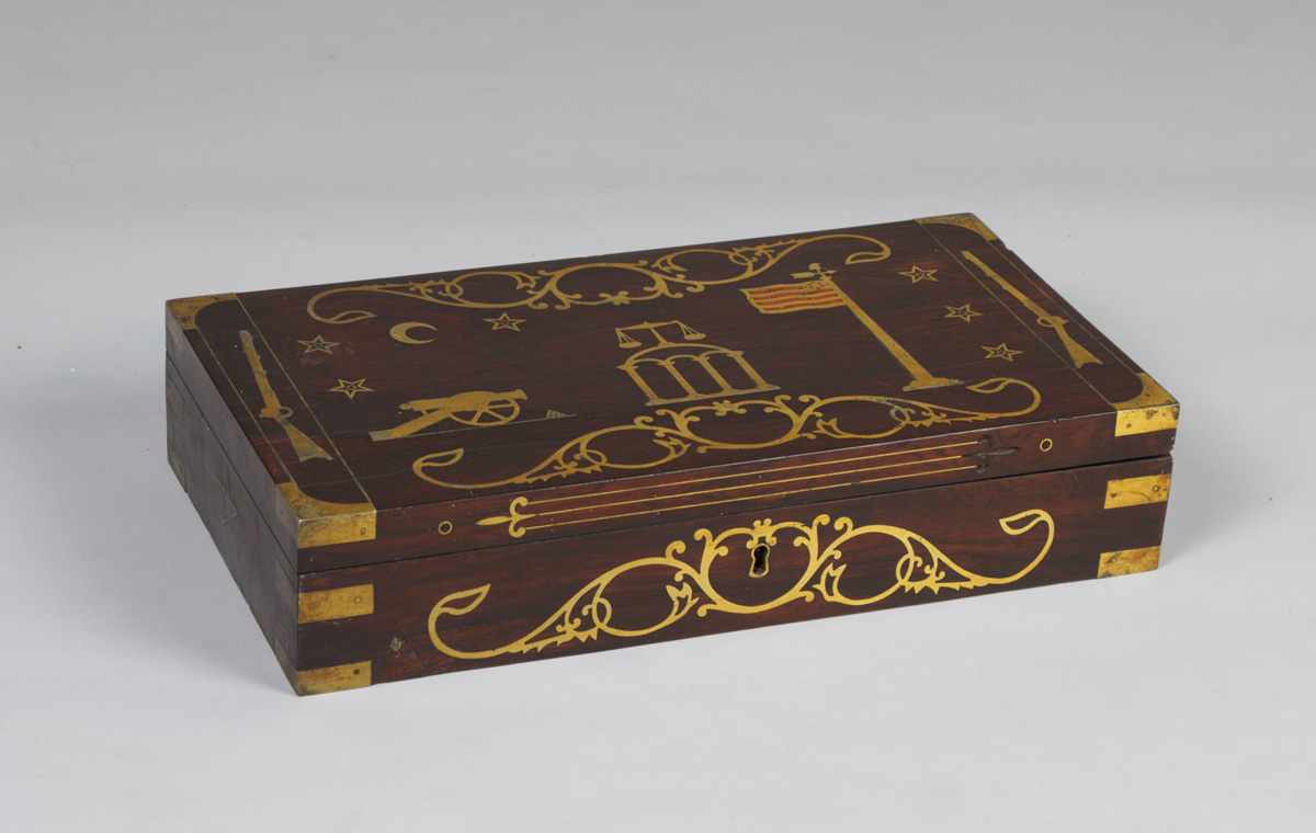 Appraisal: NY Game Box Rosewood with brass inlay Depicting Civil War