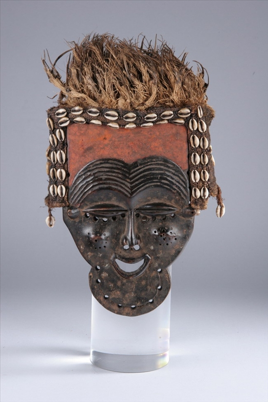 Appraisal: AFRICAN WOOD AND RAFFIA MASK - in high