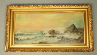 Appraisal: Antique Coastal Scene Oil Painting Waves crashin Antique Coastal Scene