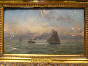 Appraisal: Oil on panel titled 'Sailing boats and tug boat signed