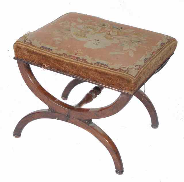 Appraisal: A TH CENTURY ROSEWOOD 'X' FRAMED STOOL with overstuffed needlework