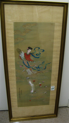 Appraisal: CHINESE OIL PAINTING ON SILK th century Woman emptying basket