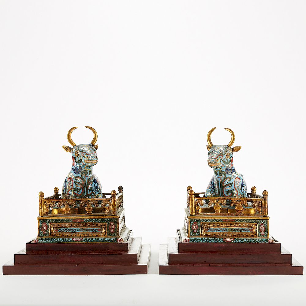 Appraisal: Pair Chinese Cloisonne Bulls w Stands Pair of Chinese cloisonne